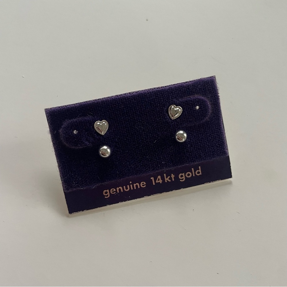 Vintage 14k White Gold Heart & Ball Stud Earrings Small NEW Bundle Set Of 2